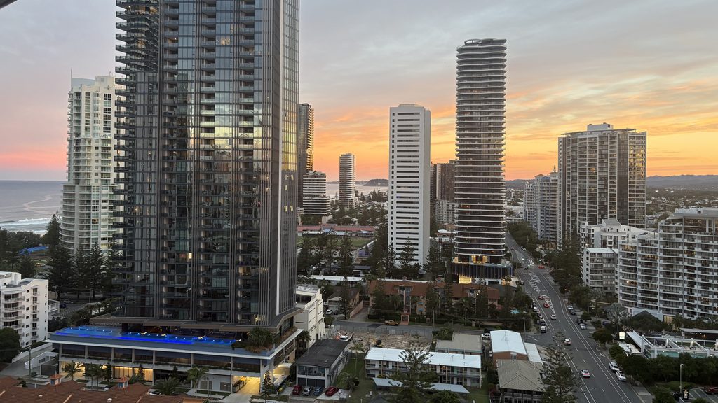 Broadbeach Gold Coast at sunset looking north along the coast towards Surfers Paradise