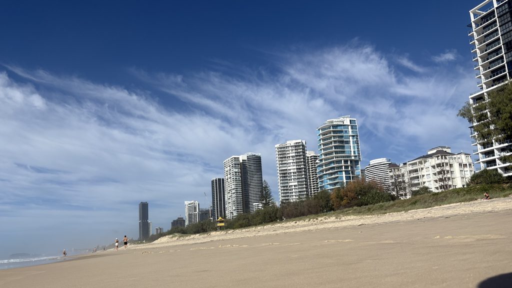 Kurrawa Beach at Broadbeach looking north along the sand towards the Gold Coast skyline