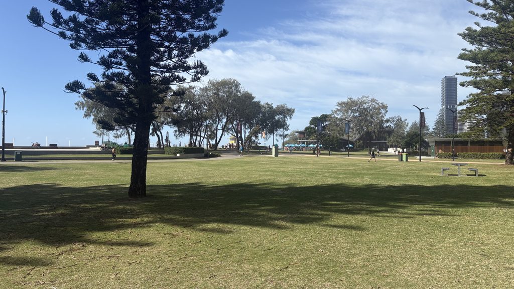 Open lawns and pine trees at Kurrawa Park Broadbeach with the beach path beyond