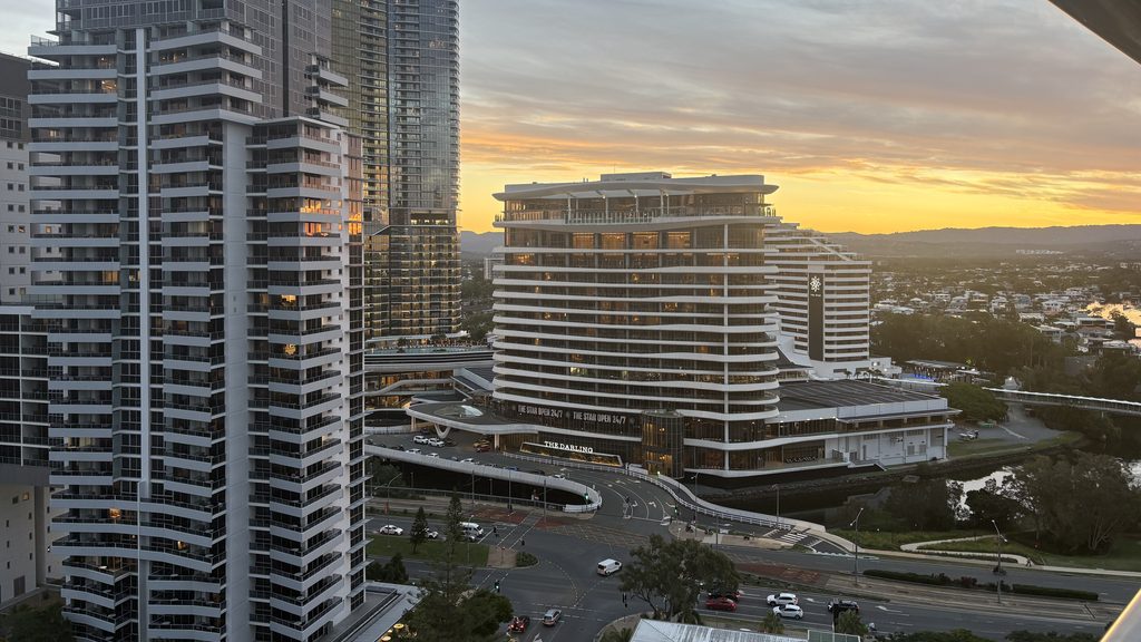 The Star Gold Coast and The Darling hotel at sunset seen from above Broadbeach